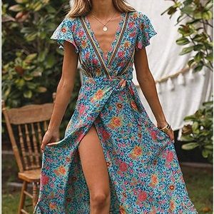 Aly Daly blue boho wrap dress, size Small.